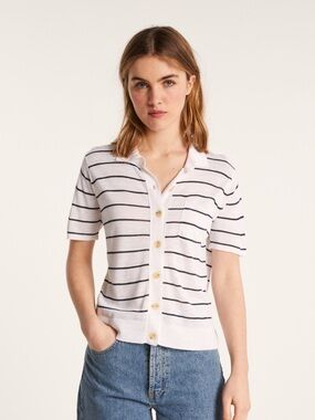 Maison Montagut Flamed Linen Blouse White and Navy size Small